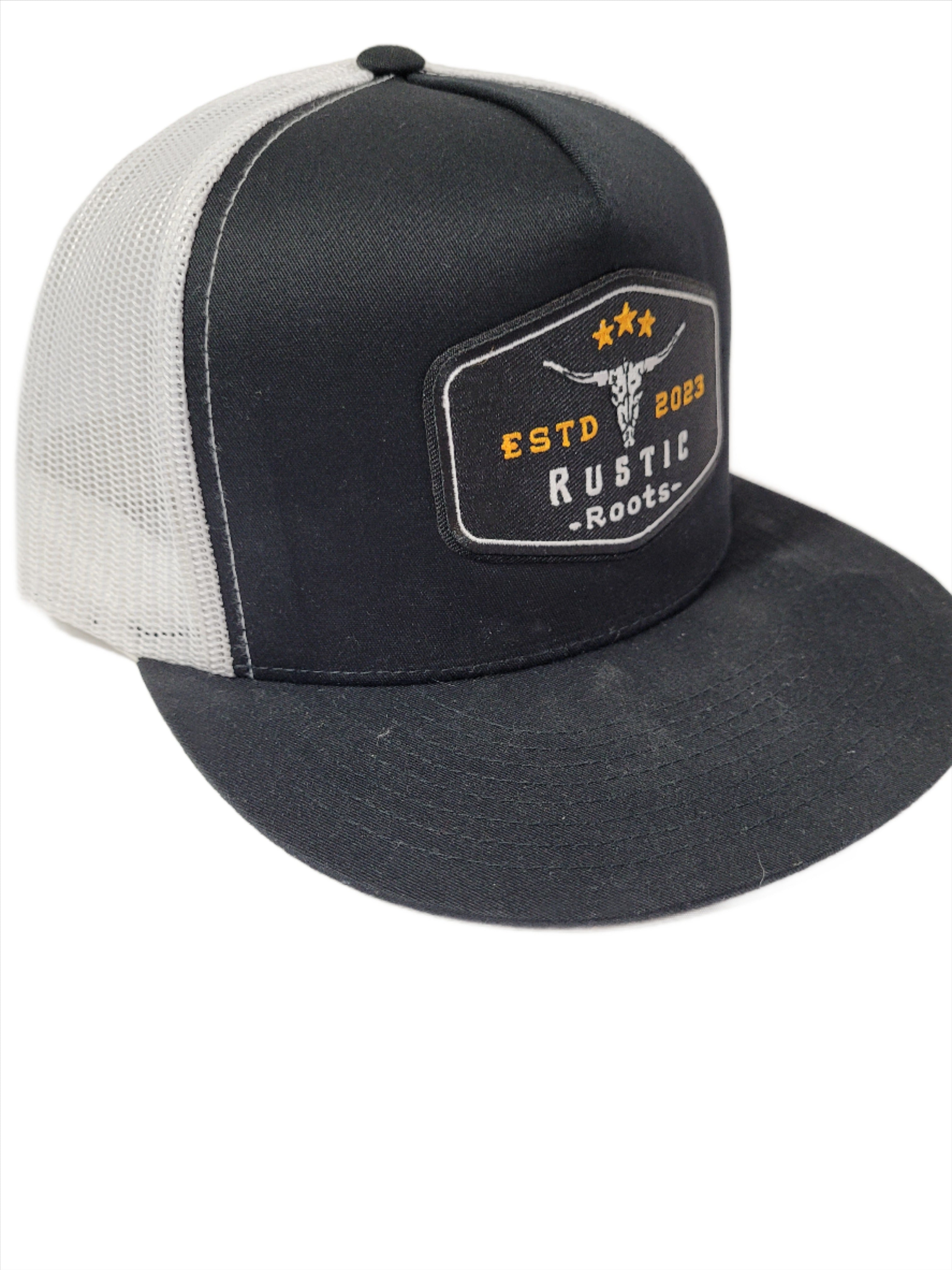 Rustic Roots Black/White Flat Bill Trucker Hat